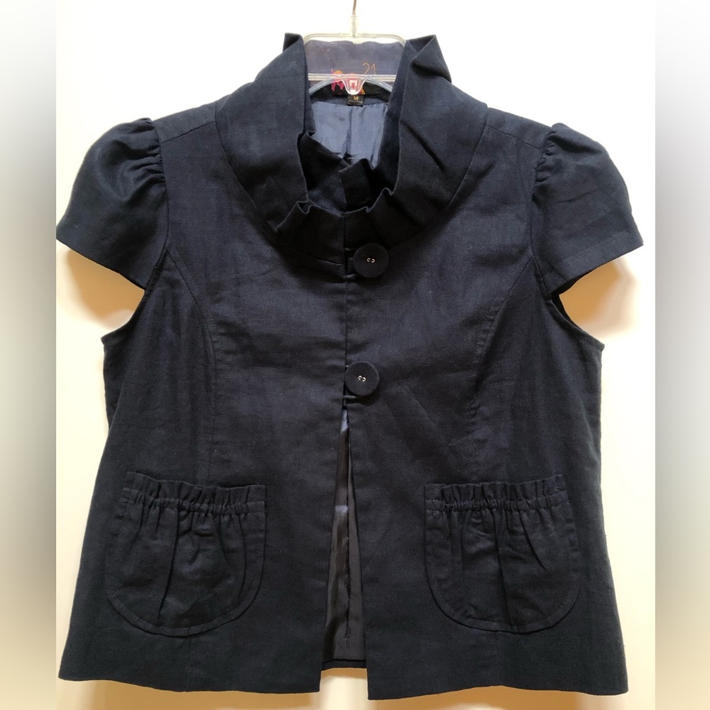 FOREVER 21 Cropped Black Short Cap/ Puff Sleeve Cotton/Linen Jacket - Medium